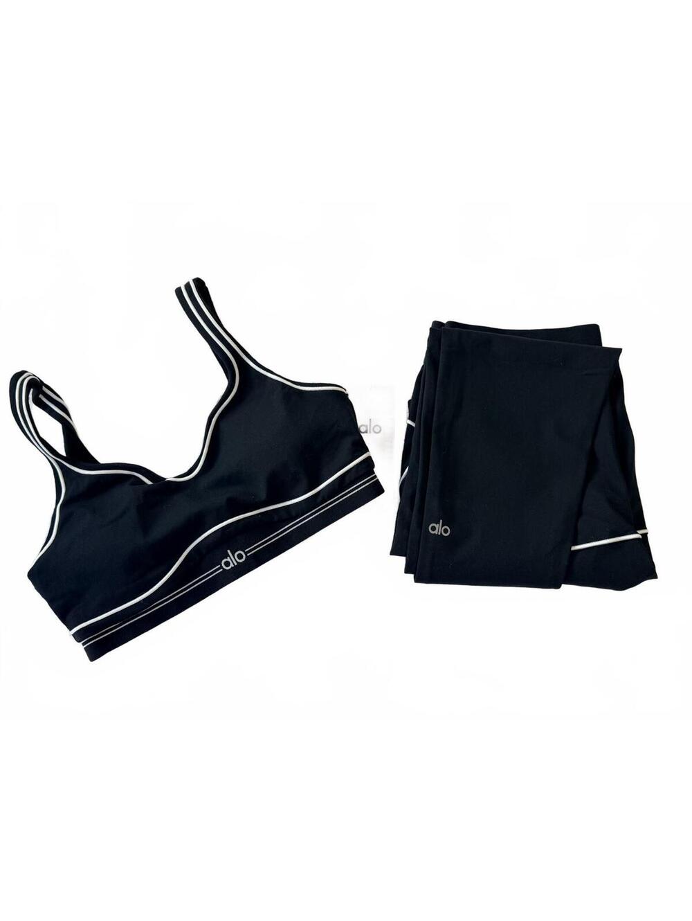 Alo Yoga Black White Piping Activewear Set Sports Bra & High-Waist Leggings